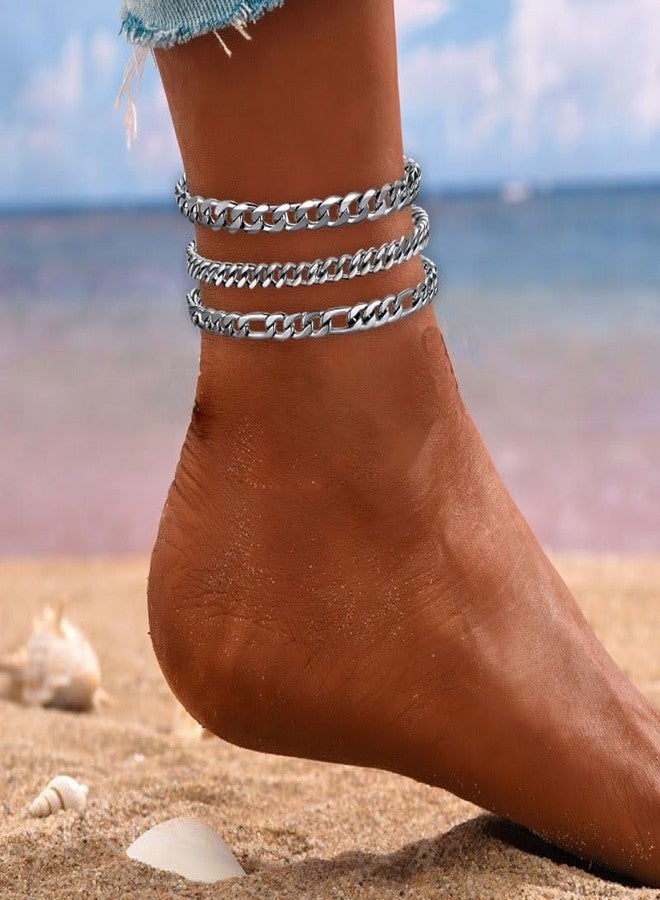 PINCHUAN Silver Ankle Bracelets for Women Waterproof Stainless Steel Anklet Adjustable Layered Cuban Silver Anklets Set Summer Beach Foot Jewelry Gift-Cuban chain - Image 3